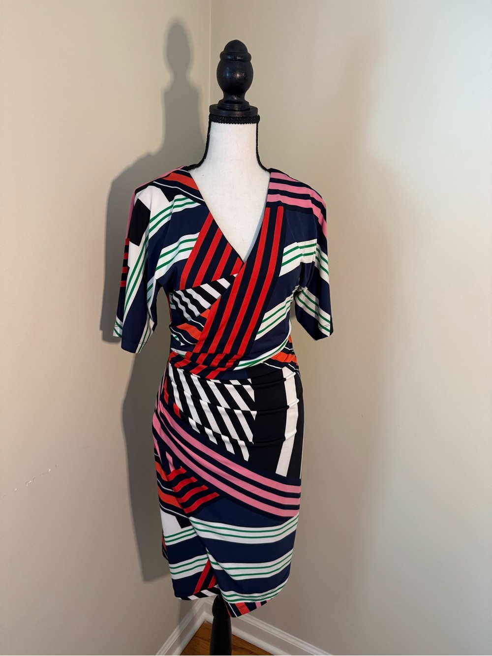 Trina Turk Multi-Stripe Wrap-Style Midi Dress in Navy, Red & Pink